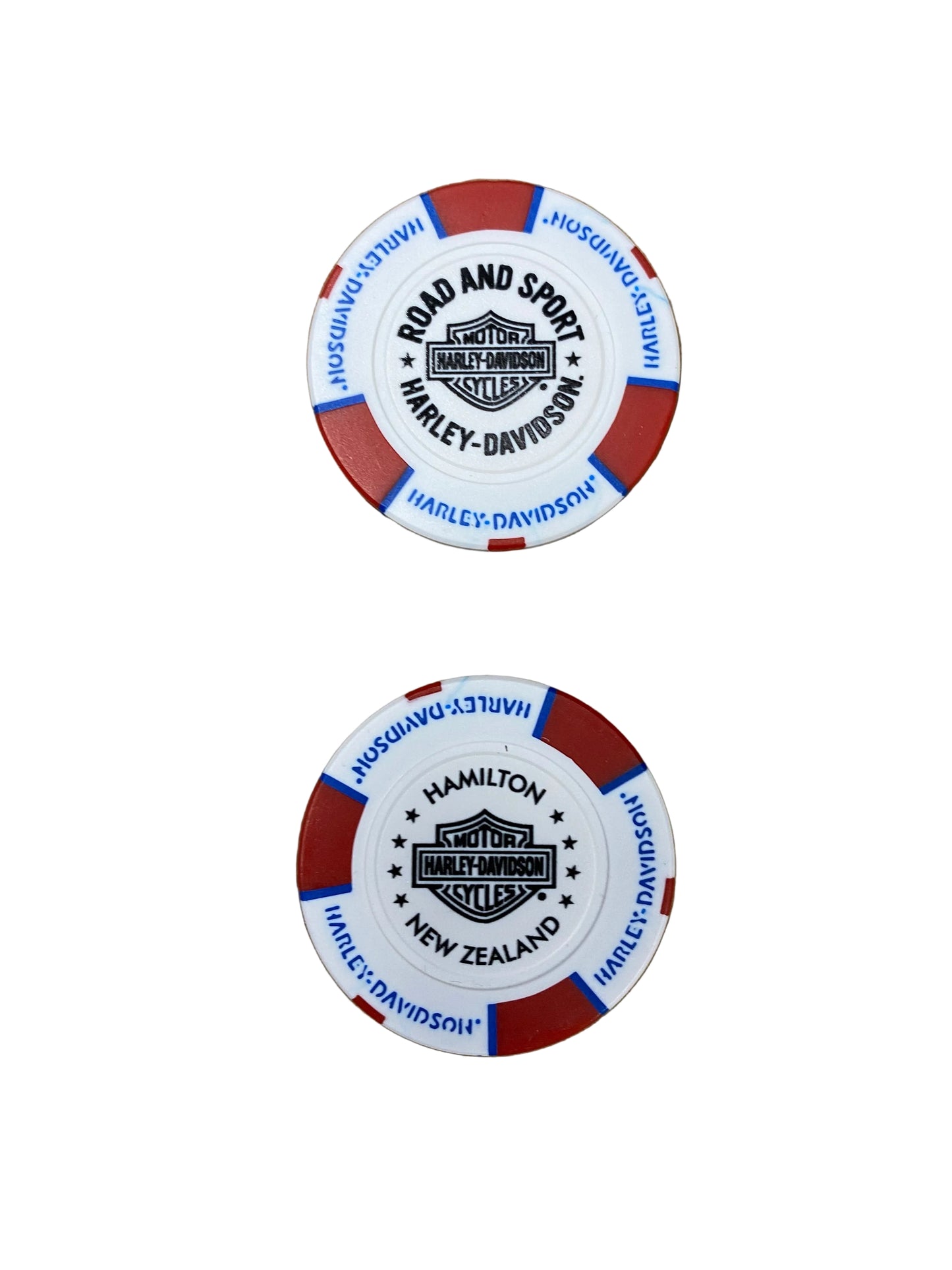 H-D POKER CHIP WHITE RED & BLUE