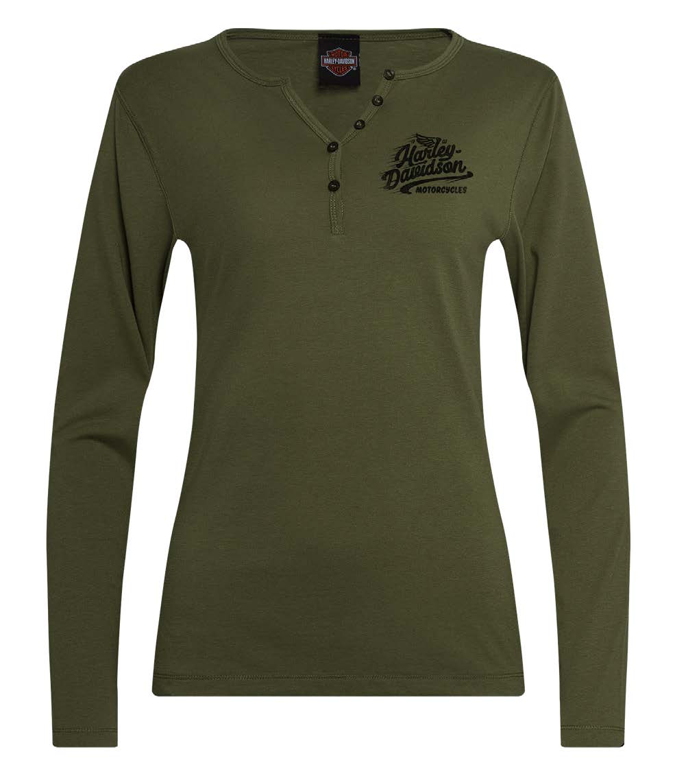 WOMEN'S LONG SLEEVE HENLEY DEALER TEE - MILITARY GREEN