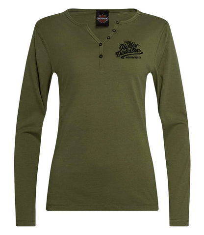 WOMEN'S LONG SLEEVE HENLEY DEALER TEE - MILITARY GREEN