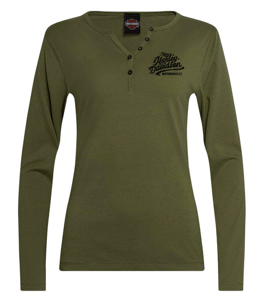 WOMEN'S LONG SLEEVE HENLEY DEALER TEE - MILITARY GREEN