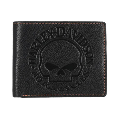 Harley-Davidson® Men’s Classic Genuine Pebble Leather Skull Passcase Wallet – Black