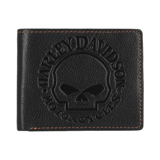Harley-Davidson® Men’s Classic Genuine Pebble Leather Skull Passcase Wallet – Black